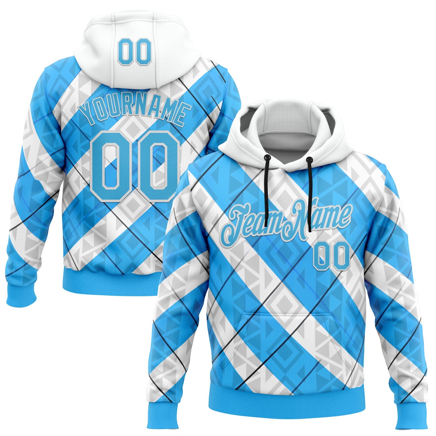 Custom Stitched White Sky Blue Black-Blue 3D Pattern Design Argentine Inspired Geometric Tribal Shape Sportswear Pullover Sweatshirt Hoodie - Main View