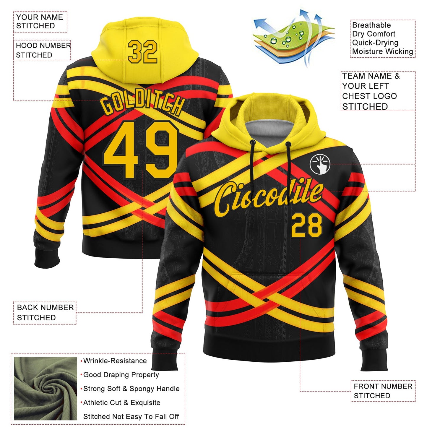 Custom Stitched Black Yellow-Red 3D Pattern Design Germany Inspired Stripe Subtle Tribal Sportswear Pullover Sweatshirt Hoodie view 2