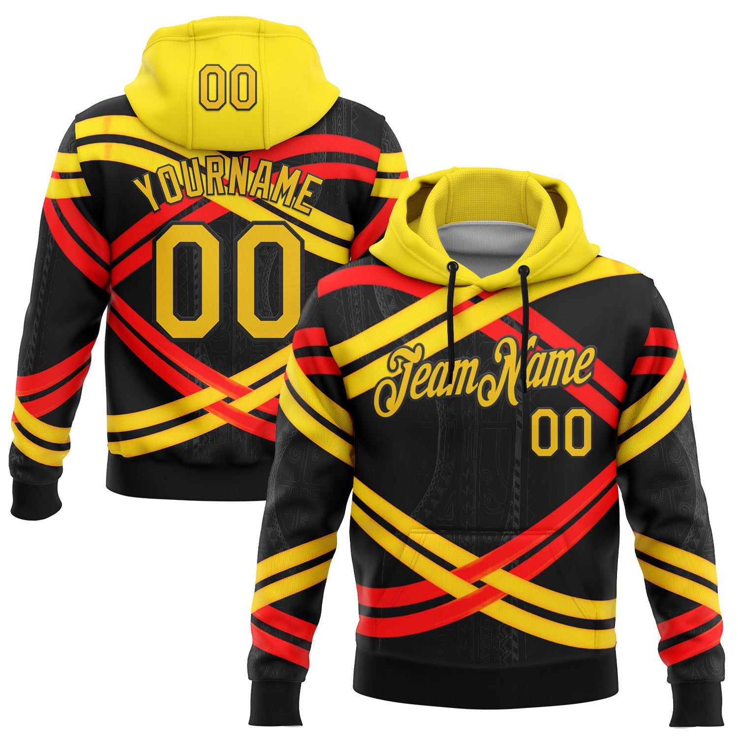 Custom Stitched Black Yellow-Red 3D Pattern Design Germany Inspired Stripe Subtle Tribal Sportswear Pullover Sweatshirt Hoodie - Main View