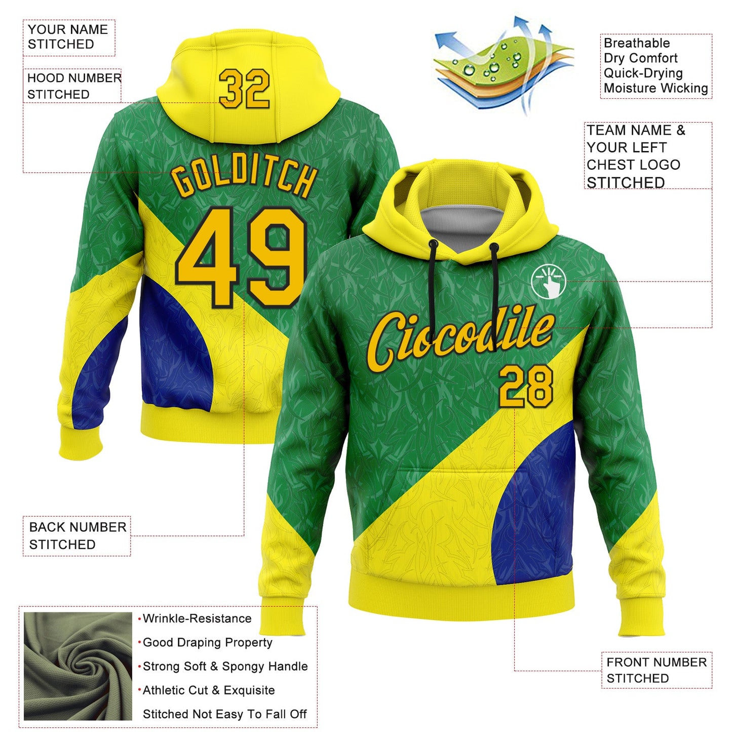 Custom Stitched Green Yellow Blue-Black 3D Pattern Design Brazil Inspired Subtle Sportswear Pullover Sweatshirt Hoodie view 2