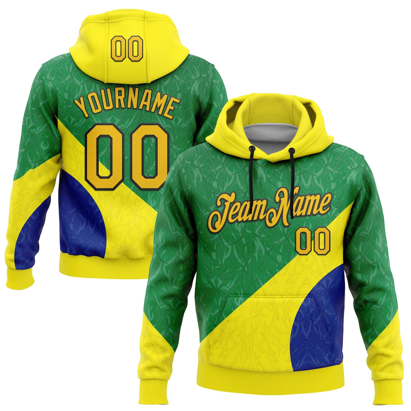 Custom Stitched Green Yellow Blue-Black 3D Pattern Design Brazil Inspired Subtle Sportswear Pullover Sweatshirt Hoodie - Main View