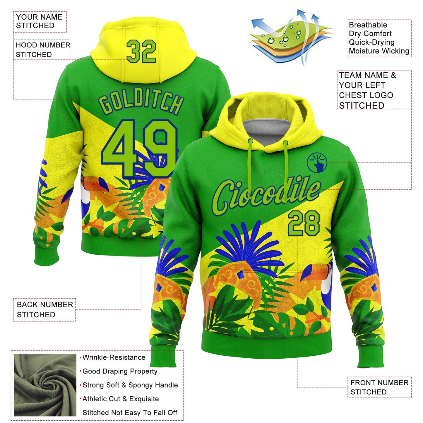 Custom Stitched Green Neon Green Yellow-Royal 3D Pattern Design Brazil Inspired Tropical Plants Sportswear Pullover Sweatshirt Hoodie view 2