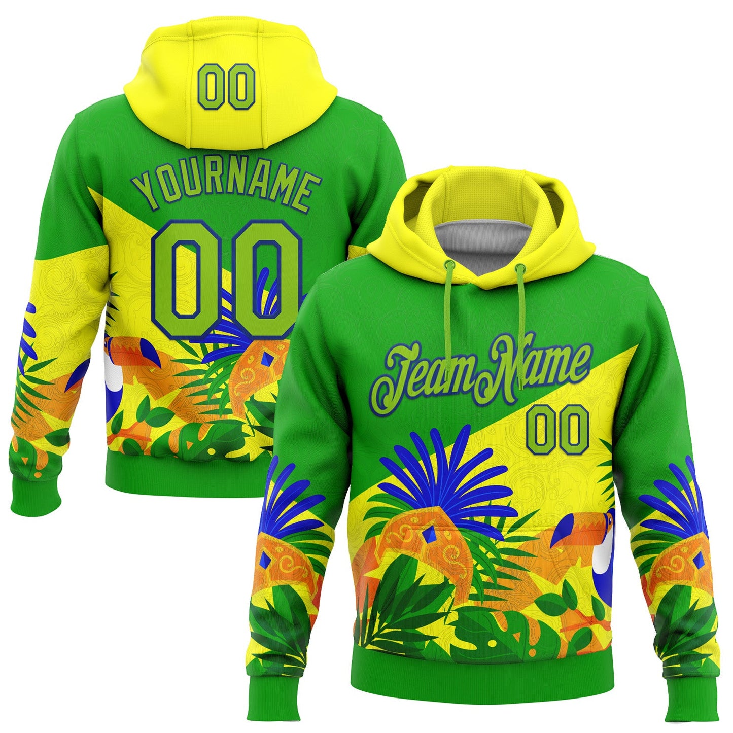 Custom Stitched Green Neon Green Yellow-Royal 3D Pattern Design Brazil Inspired Tropical Plants Sportswear Pullover Sweatshirt Hoodie - Main View