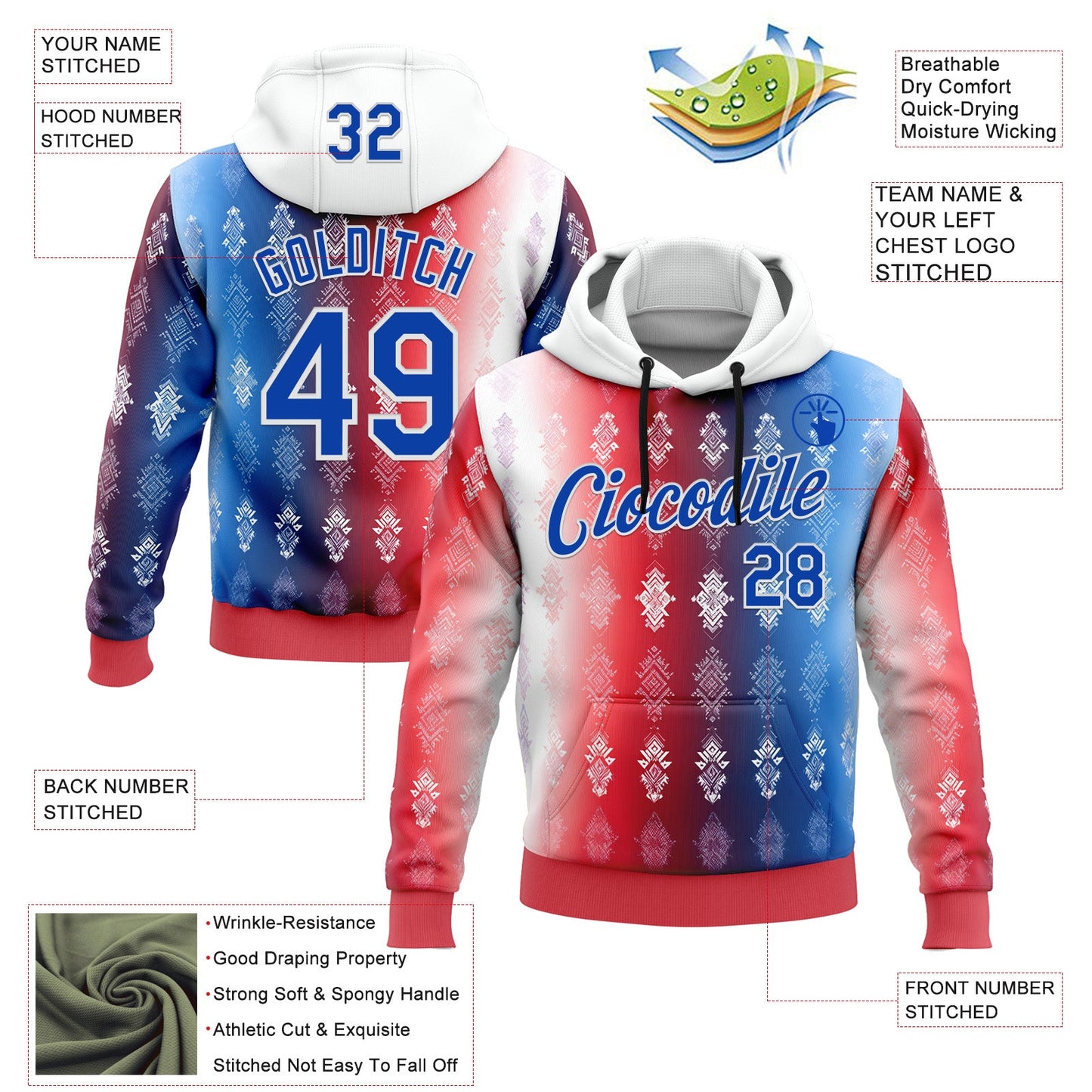 Custom Stitched Red Thunder Blue-White 3D Pattern Design American Inspired Geometric Tribal Shape Sportswear Pullover Sweatshirt Hoodie view 2