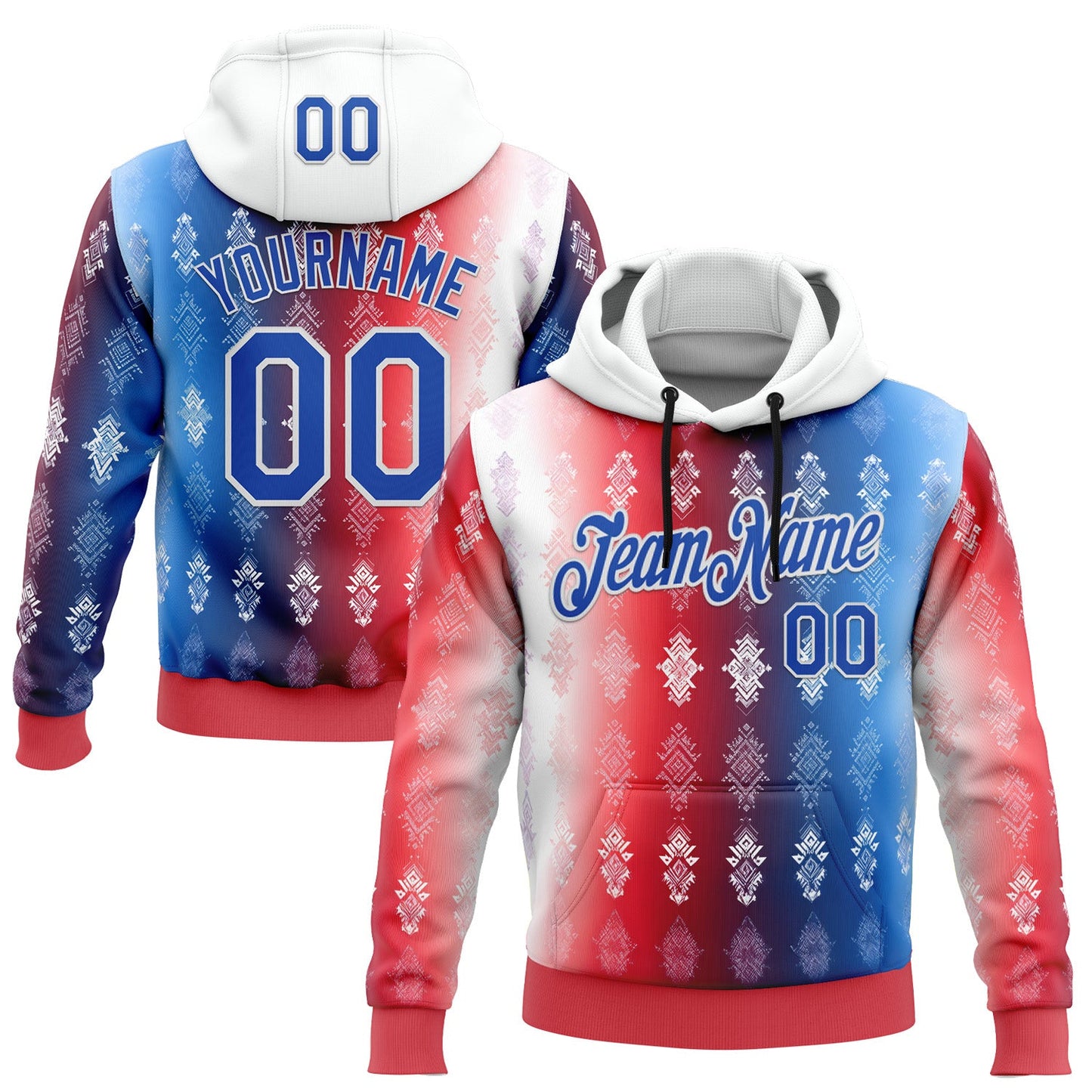 Custom Stitched Red Thunder Blue-White 3D Pattern Design American Inspired Geometric Tribal Shape Sportswear Pullover Sweatshirt Hoodie - Main View