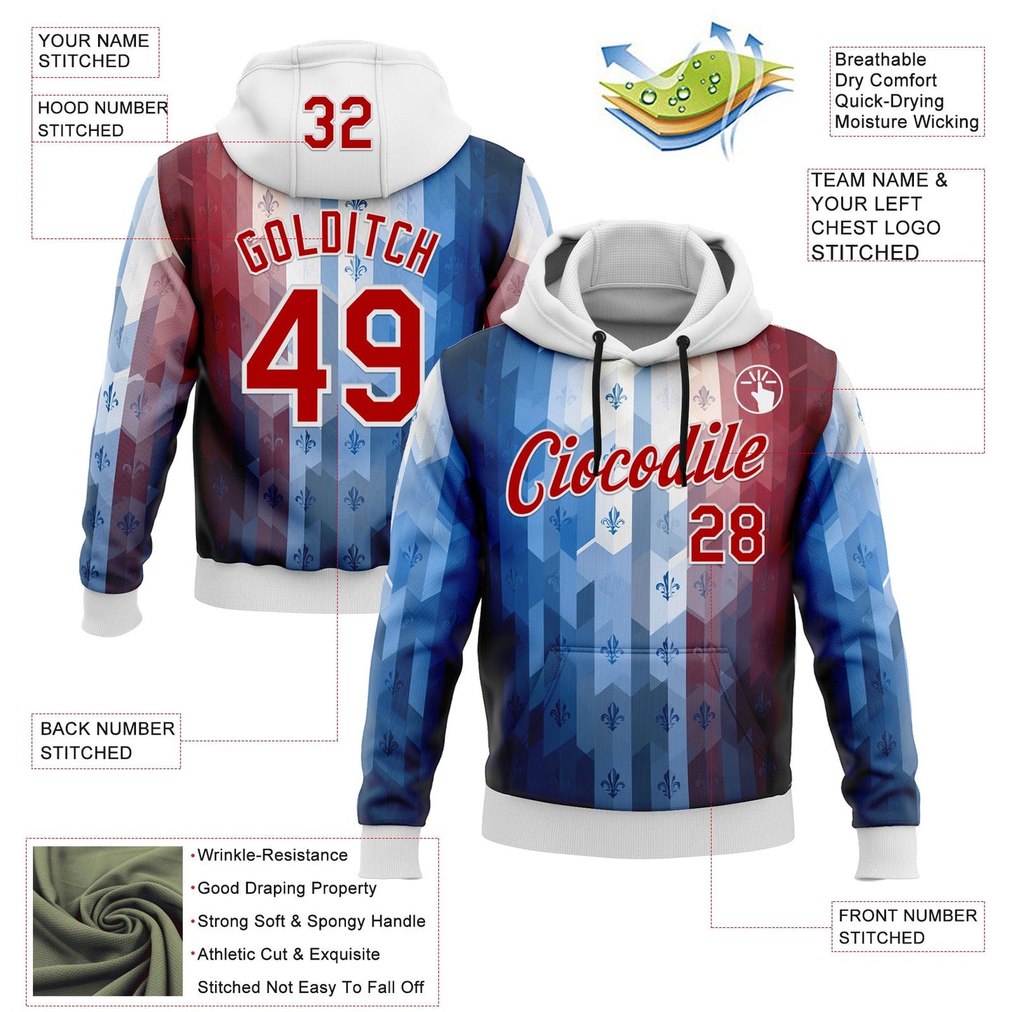 Custom Stitched Blue Red-White 3D Pattern Design American French Inspired Geometric Shape Sportswear Pullover Sweatshirt Hoodie view 2
