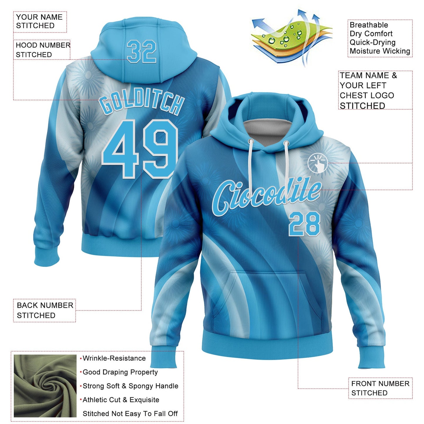 Custom Stitched Blue Sky Blue-White 3D Pattern Design Argentine Inspired Subtle Floral Sportswear Pullover Sweatshirt Hoodie view 2
