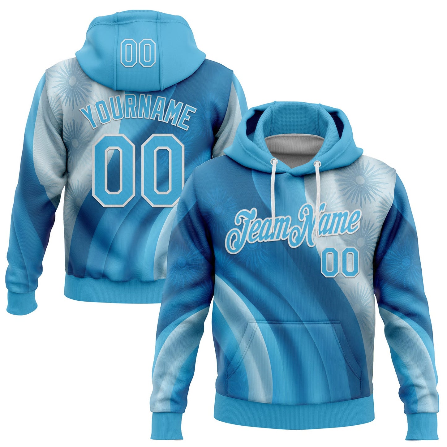 Custom Stitched Blue Sky Blue-White 3D Pattern Design Argentine Inspired Subtle Floral Sportswear Pullover Sweatshirt Hoodie - Main View