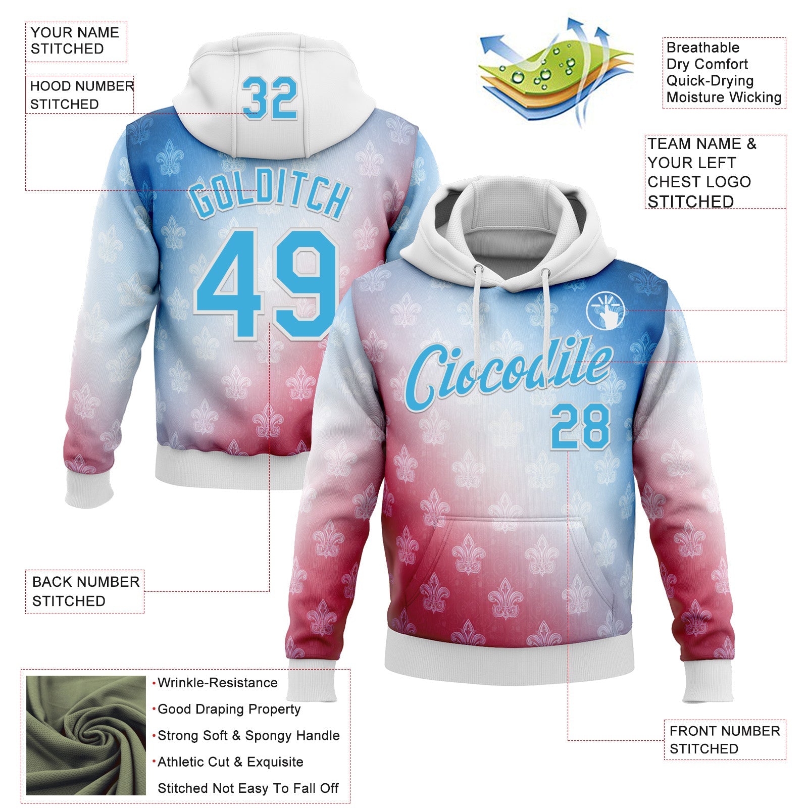 Custom Stitched White Sky Blue Red-Blue 3D Pattern Design American French Inspired Sportswear Pullover Sweatshirt Hoodie view 2
