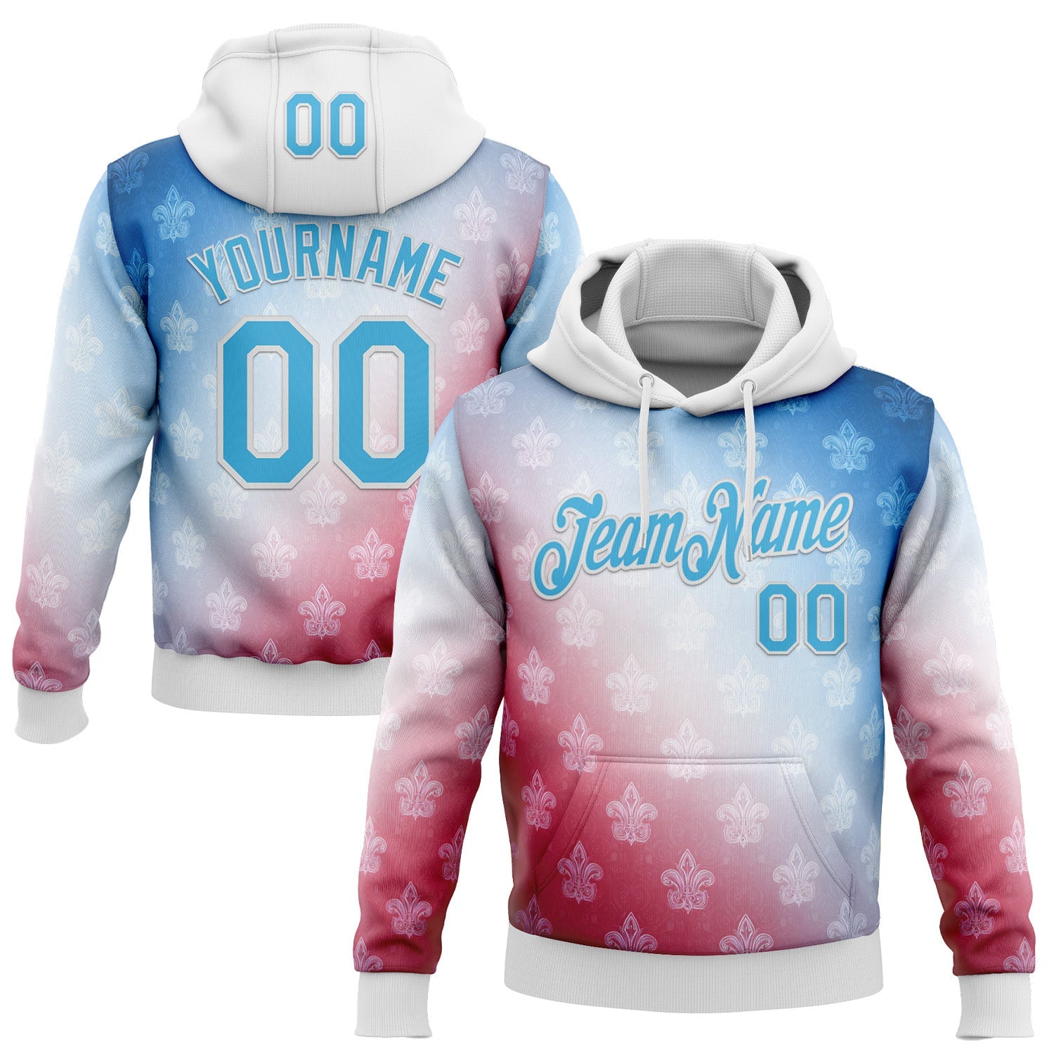 Custom Stitched White Sky Blue Red-Blue 3D Pattern Design American French Inspired Sportswear Pullover Sweatshirt Hoodie - Main View