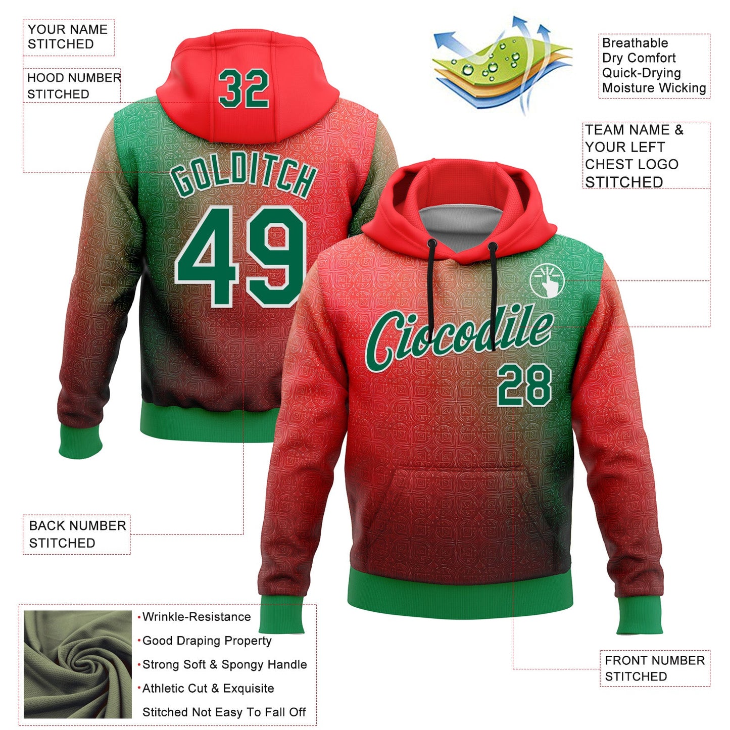 Custom Stitched Red Kelly Green-White 3D Pattern Design Mexico Subtle Sportswear Pullover Sweatshirt Hoodie view 2