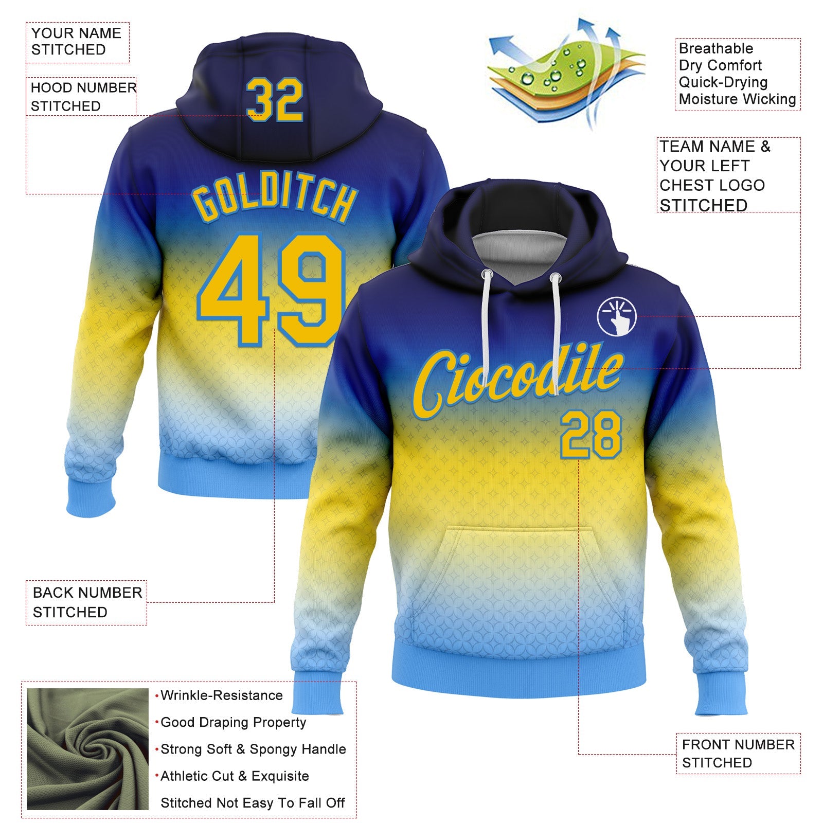 Custom Stitched Blue Yellow-Powder Blue 3D Pattern Design Argentine Inspired Gradient Sportswear Pullover Sweatshirt Hoodie view 2