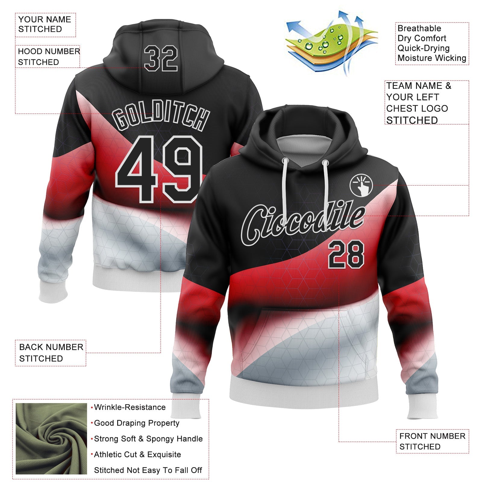 Custom Stitched Black Red-White 3D Pattern Design Germany Inspired Geometric Shape Sportswear Pullover Sweatshirt Hoodie view 2
