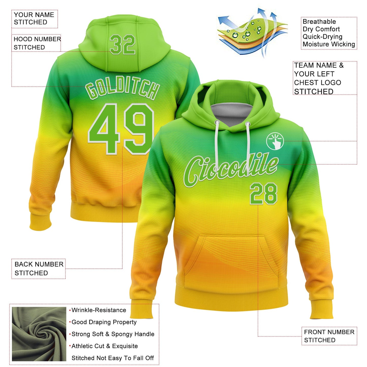Custom Stitched Green Aurora Green Yellow-White 3D Pattern Design Brazil Inspired Gradien Line Sportswear Pullover Sweatshirt Hoodie view 2