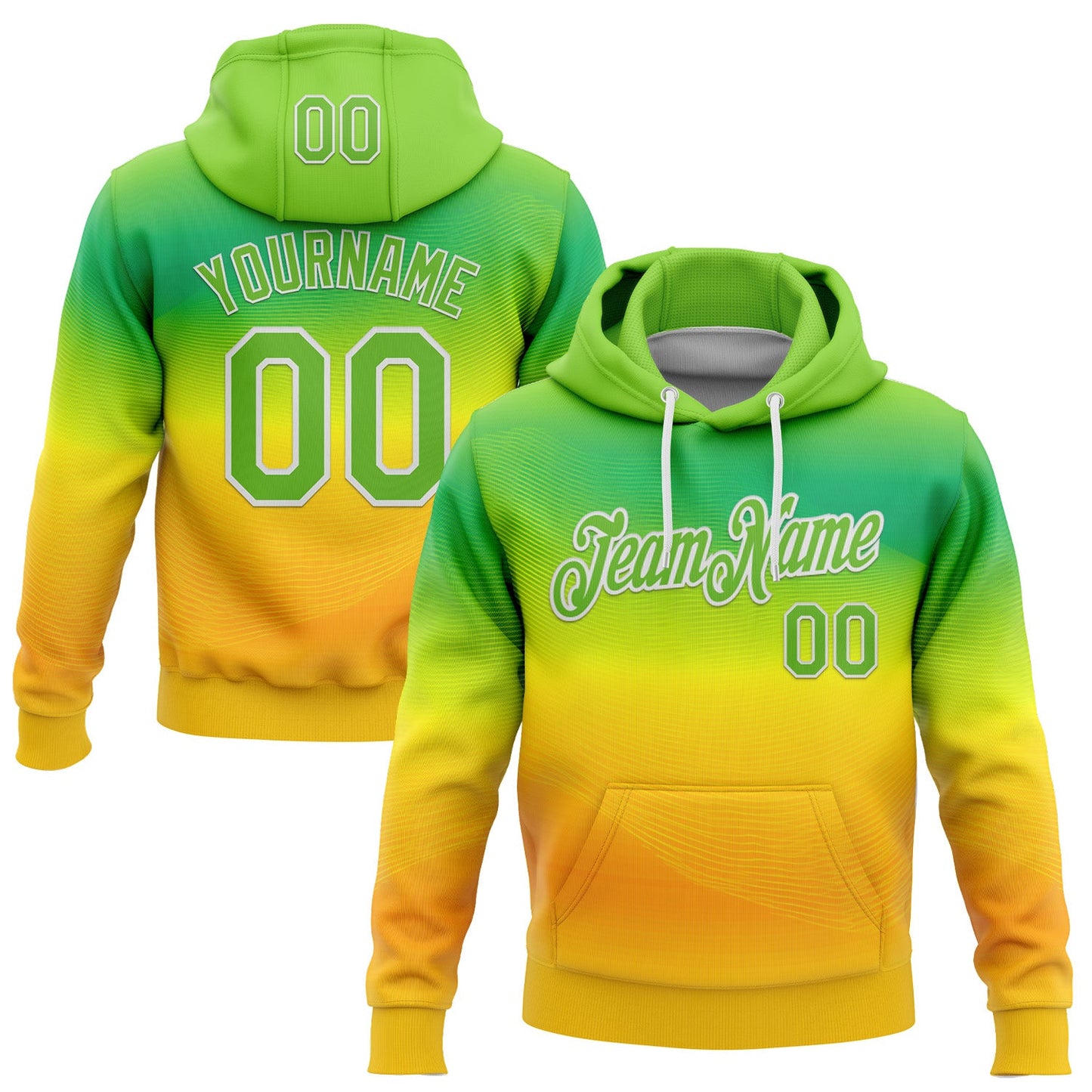 Custom Stitched Green Aurora Green Yellow-White 3D Pattern Design Brazil Inspired Gradien Line Sportswear Pullover Sweatshirt Hoodie - Main View