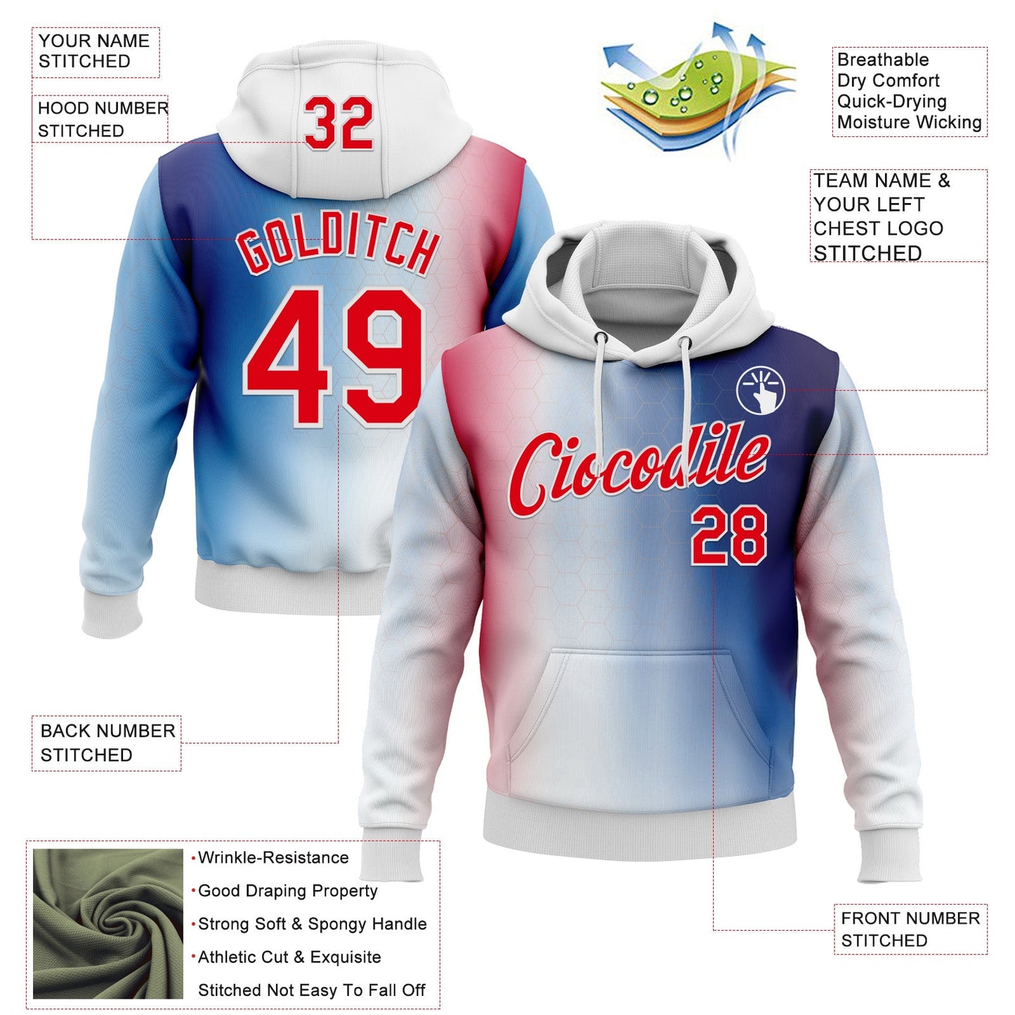 Custom Stitched White Fire Red-Blue 3D Pattern Design American Inspired Gradien Geometric Honeycomb Shape Sportswear Pullover Sweatshirt Hoodie view 2