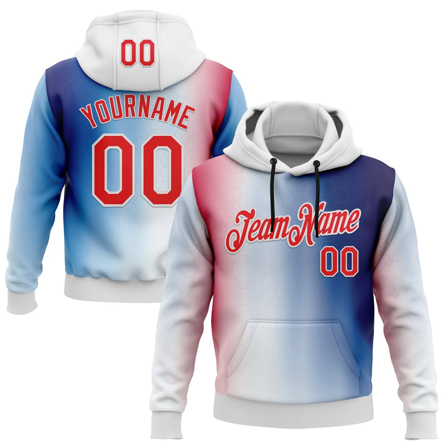 Custom Stitched White Fire Red-Blue 3D Pattern Design American Inspired Gradien Geometric Honeycomb Shape Sportswear Pullover Sweatshirt Hoodie - Main View
