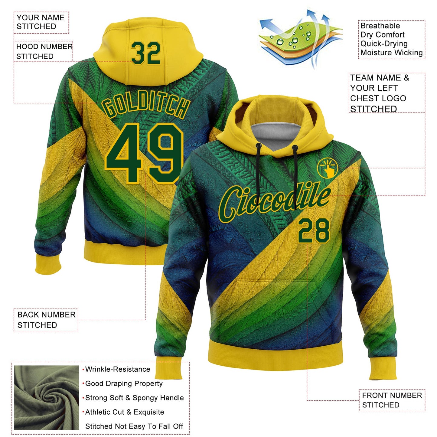Custom Stitched Yellow Green 3D Pattern Design Brazil Inspired Tribal Sportswear Pullover Sweatshirt Hoodie view 2