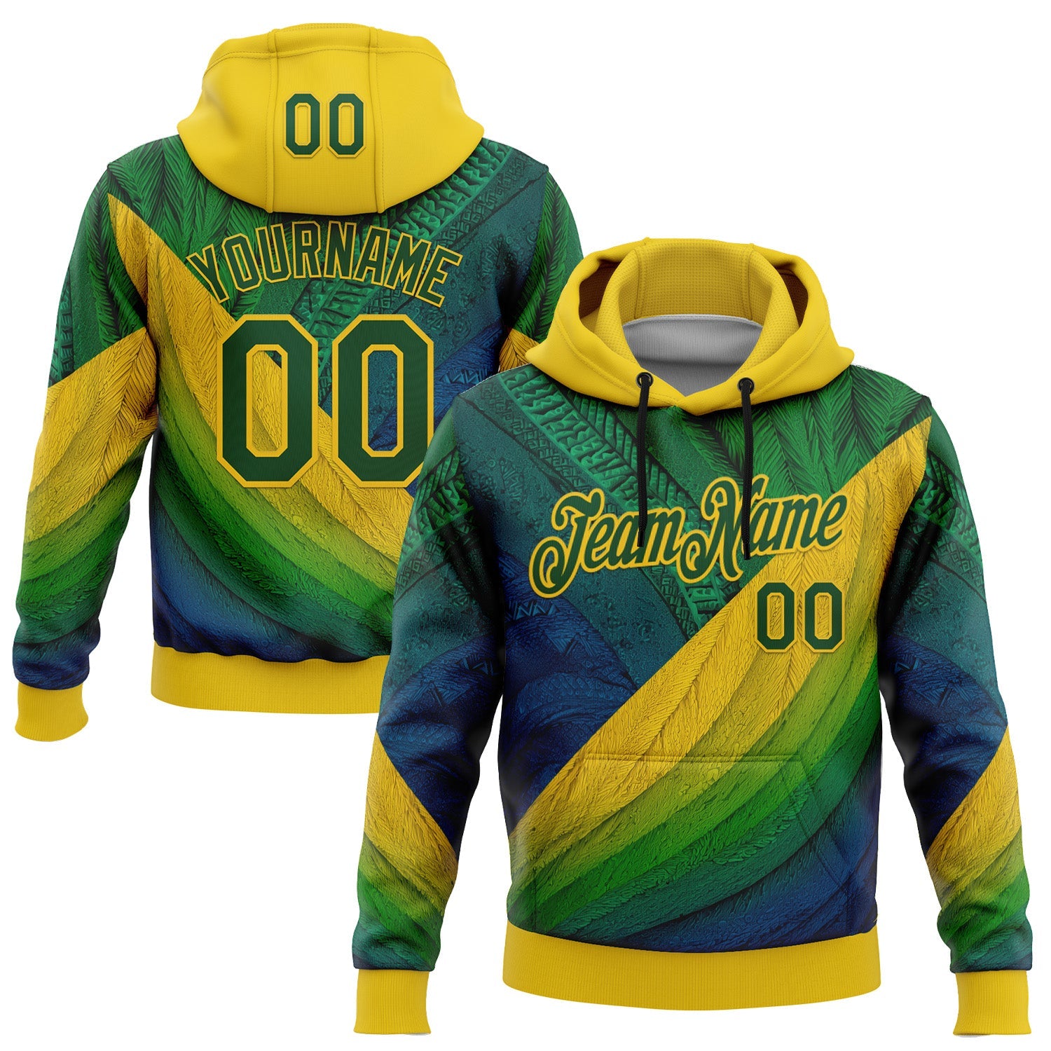 Custom Stitched Yellow Green 3D Pattern Design Brazil Inspired Tribal Sportswear Pullover Sweatshirt Hoodie - Main View