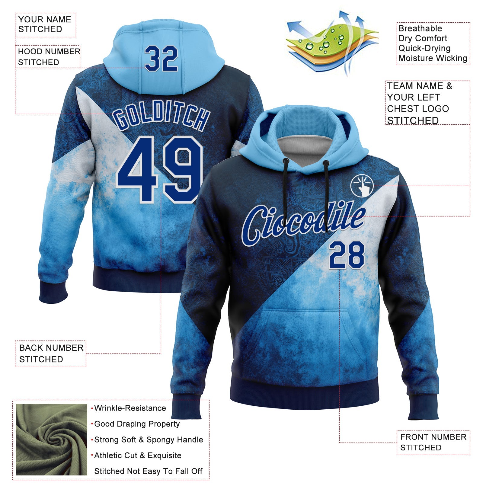 Custom Stitched Blue Royal-White 3D Pattern Design Argentine Inspired Geometric Tribal Watercolor Sportswear Pullover Sweatshirt Hoodie view 2