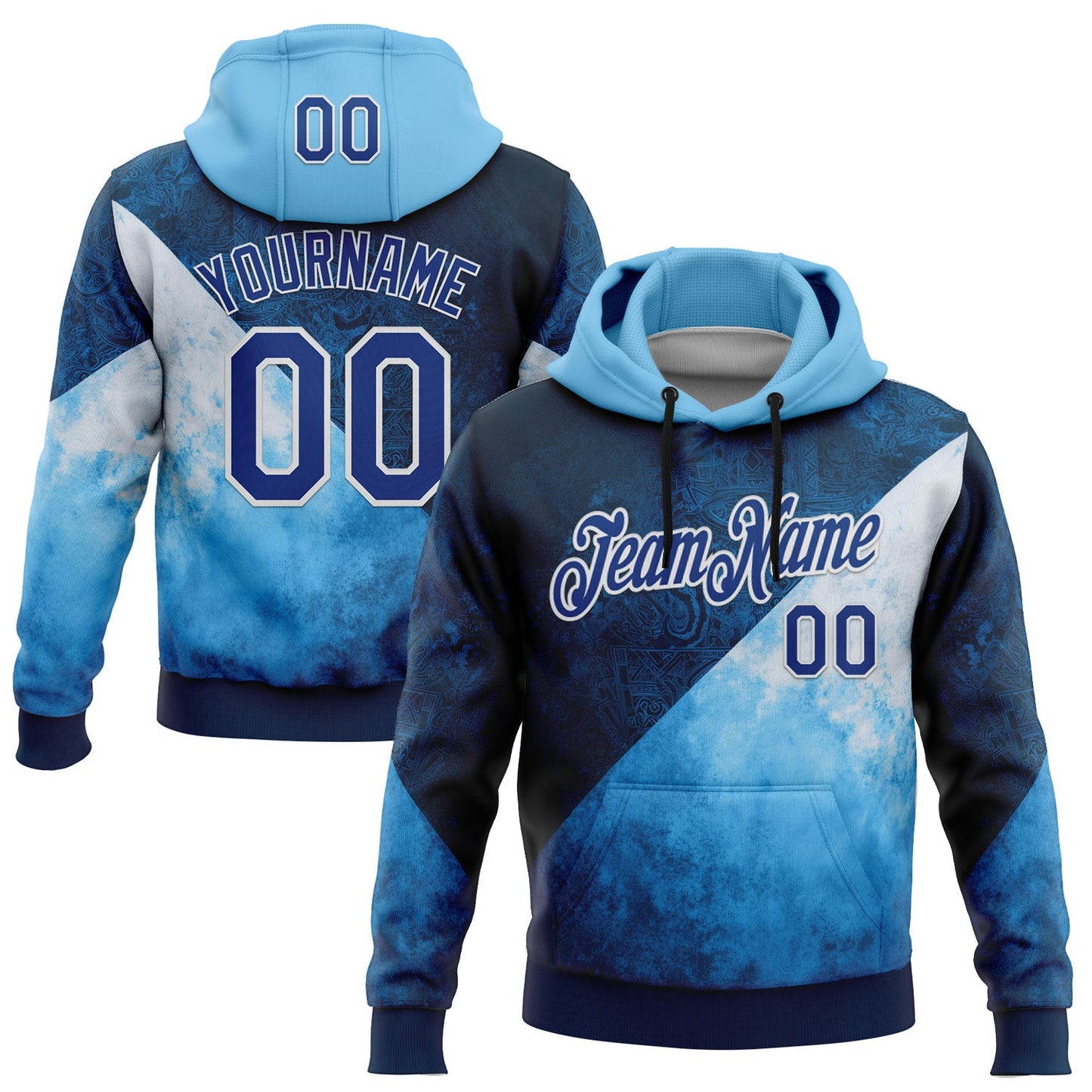 Custom Stitched Blue Royal-White 3D Pattern Design Argentine Inspired Geometric Tribal Watercolor Sportswear Pullover Sweatshirt Hoodie - Main View
