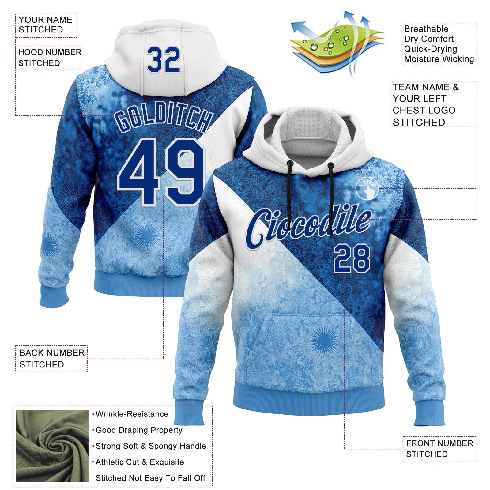 Custom Stitched Blue Royal-White 3D Pattern Design Argentine Inspired Geometric Floral Watercolor Sportswear Pullover Sweatshirt Hoodie view 2