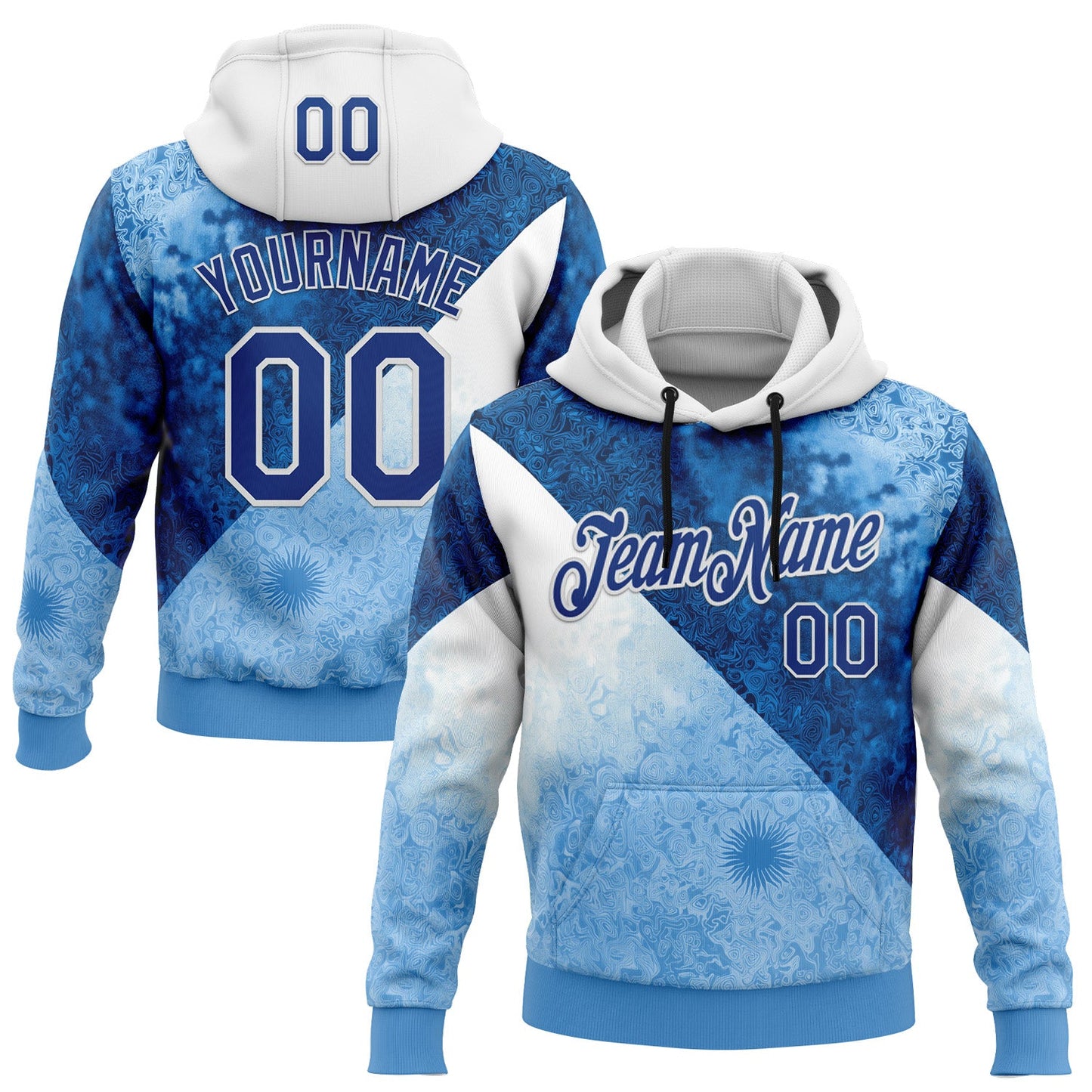 Custom Stitched Blue Royal-White 3D Pattern Design Argentine Inspired Geometric Floral Watercolor Sportswear Pullover Sweatshirt Hoodie - Main View