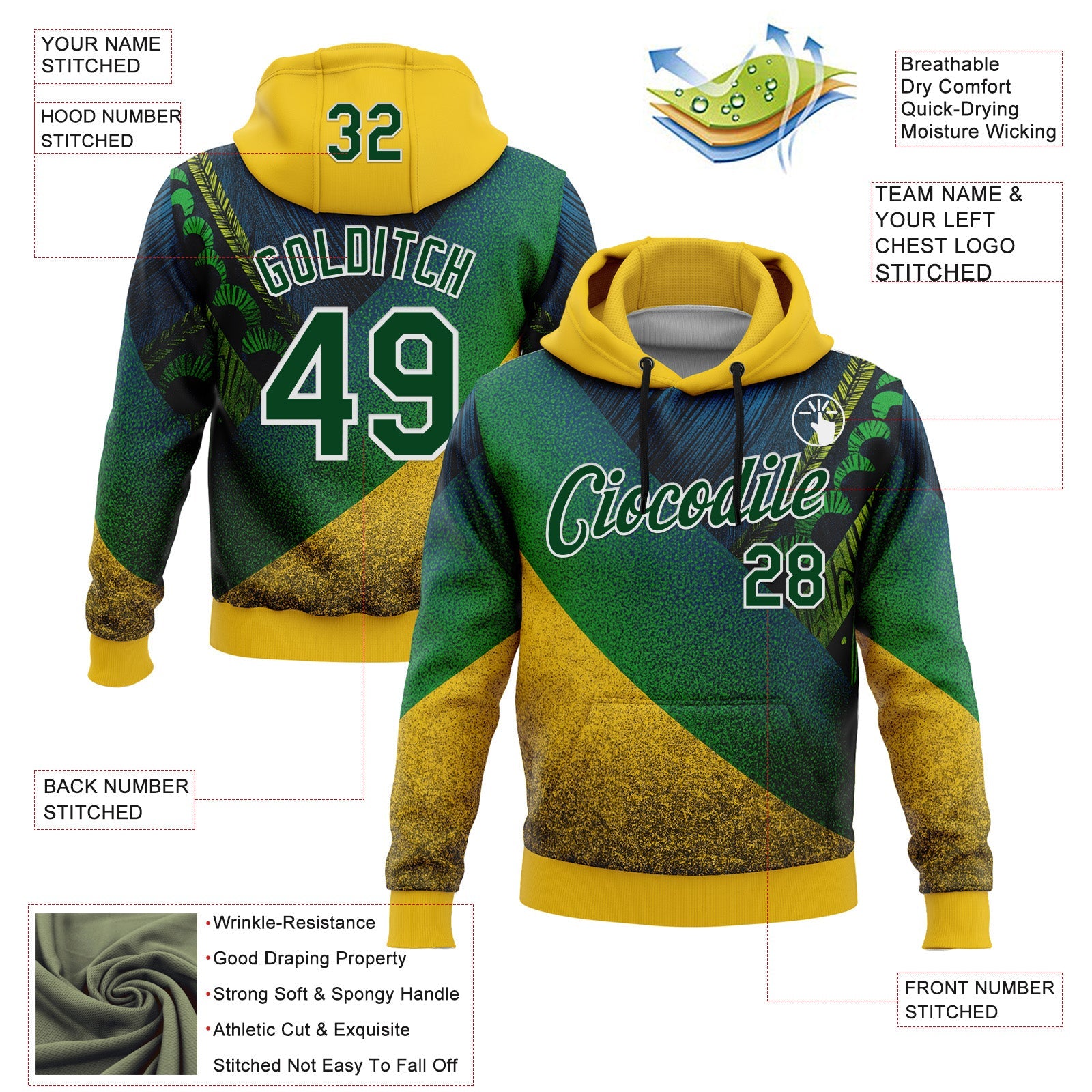 Custom Stitched Yellow Green-White 3D Pattern Design Brazil Inspired Tribal Sportswear Pullover Sweatshirt Hoodie view 2