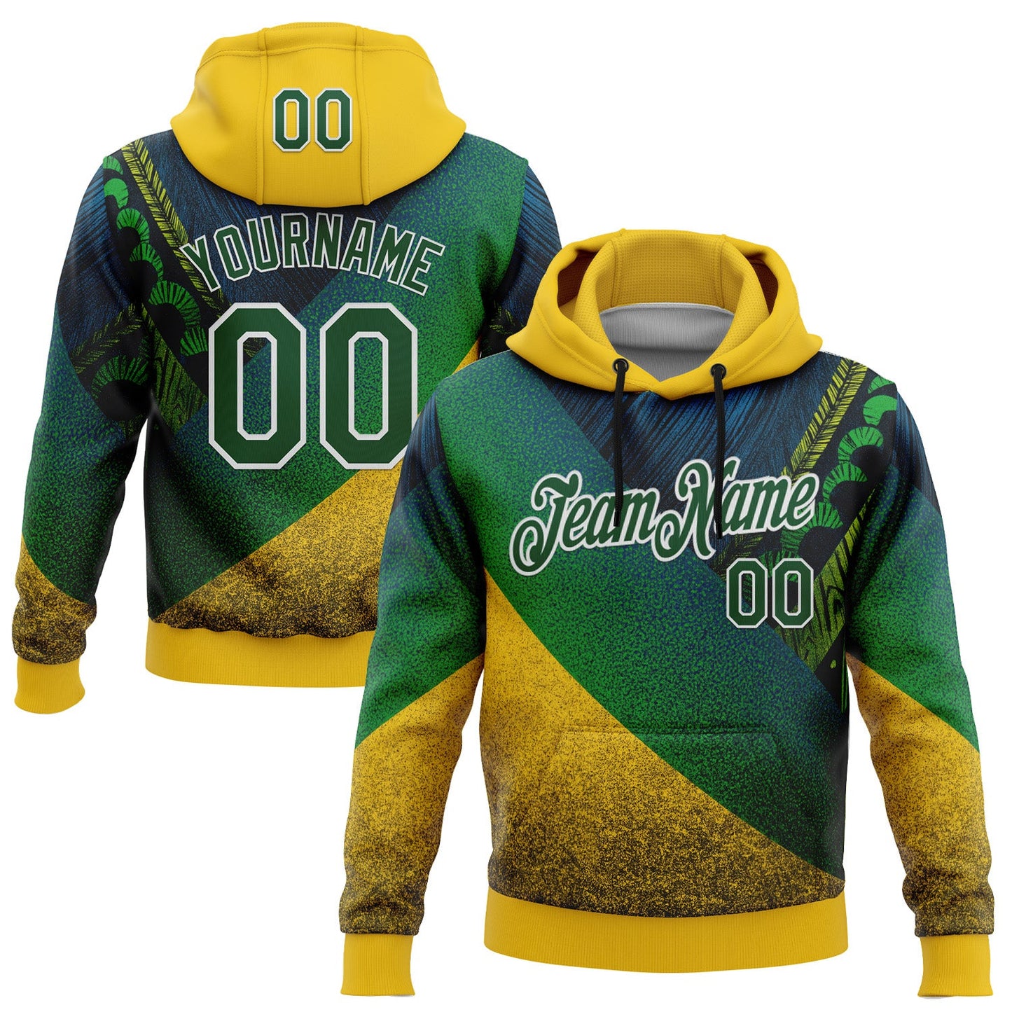 Custom Stitched Yellow Green-White 3D Pattern Design Brazil Inspired Tribal Sportswear Pullover Sweatshirt Hoodie - Main View