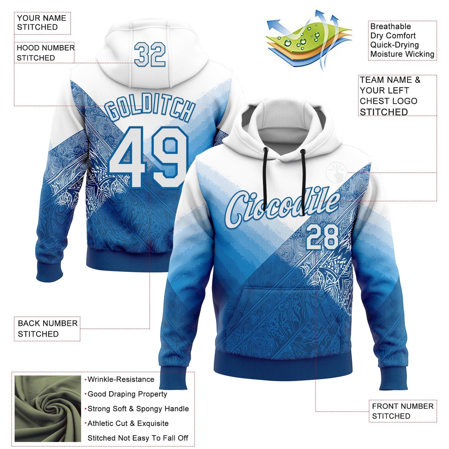 Custom Stitched White Blue 3D Pattern Design Argentine Inspired Geometric Tribal Sportswear Pullover Sweatshirt Hoodie view 2
