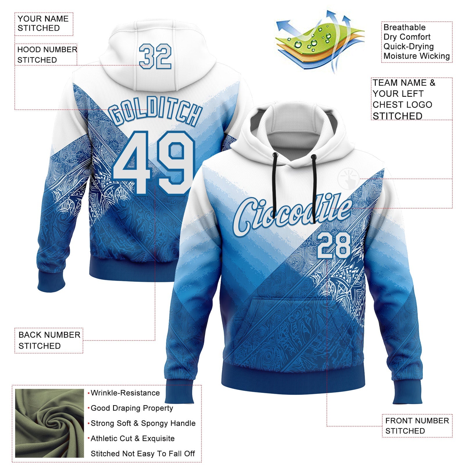 Custom Stitched White Blue 3D Pattern Design Argentine Inspired Geometric Tribal Sportswear Pullover Sweatshirt Hoodie view 2