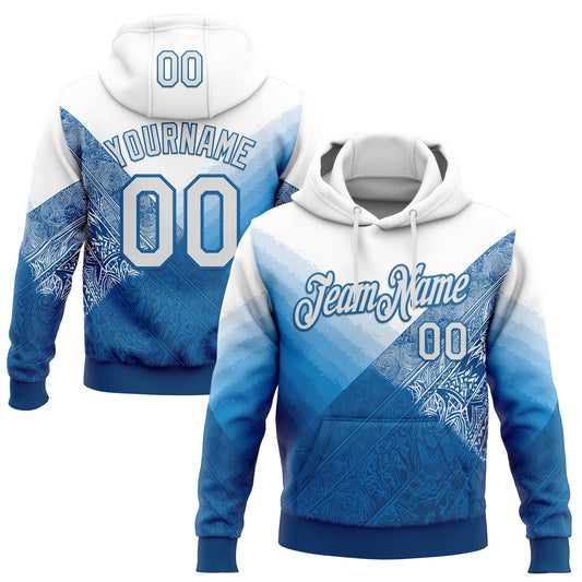 Custom Stitched White Blue 3D Pattern Design Argentine Inspired Geometric Tribal Sportswear Pullover Sweatshirt Hoodie - Main View