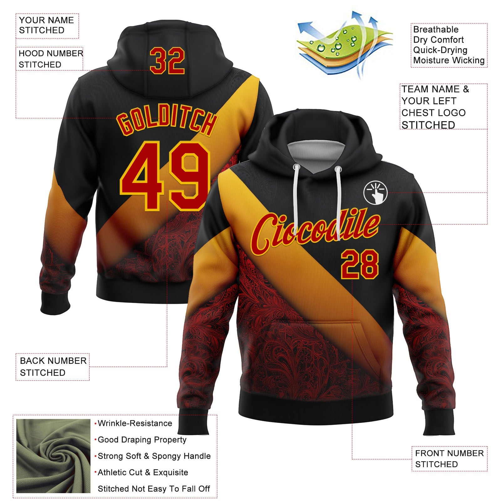 Custom Stitched Black Red-Yellow 3D Pattern Design Germany Inspired Geometric Tribal Sportswear Pullover Sweatshirt Hoodie view 2