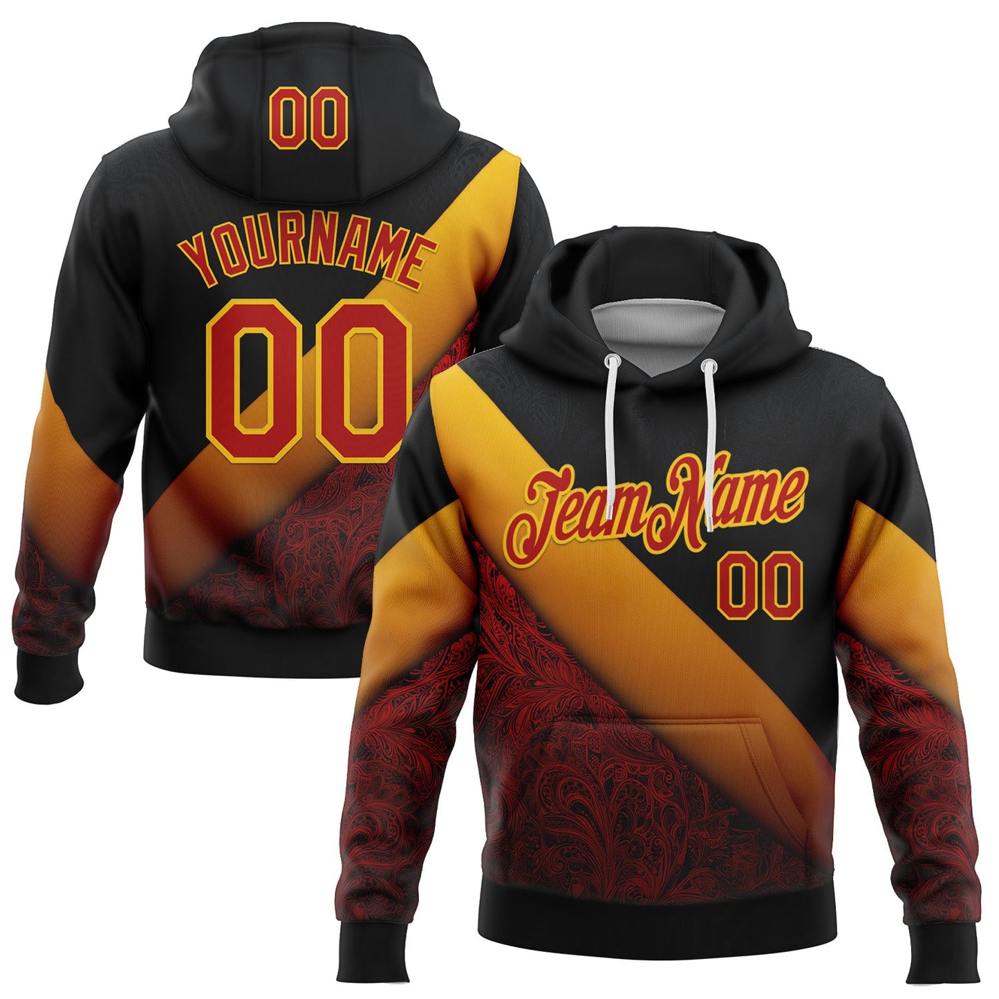 Custom Stitched Black Red-Yellow 3D Pattern Design Germany Inspired Geometric Tribal Sportswear Pullover Sweatshirt Hoodie - Main View