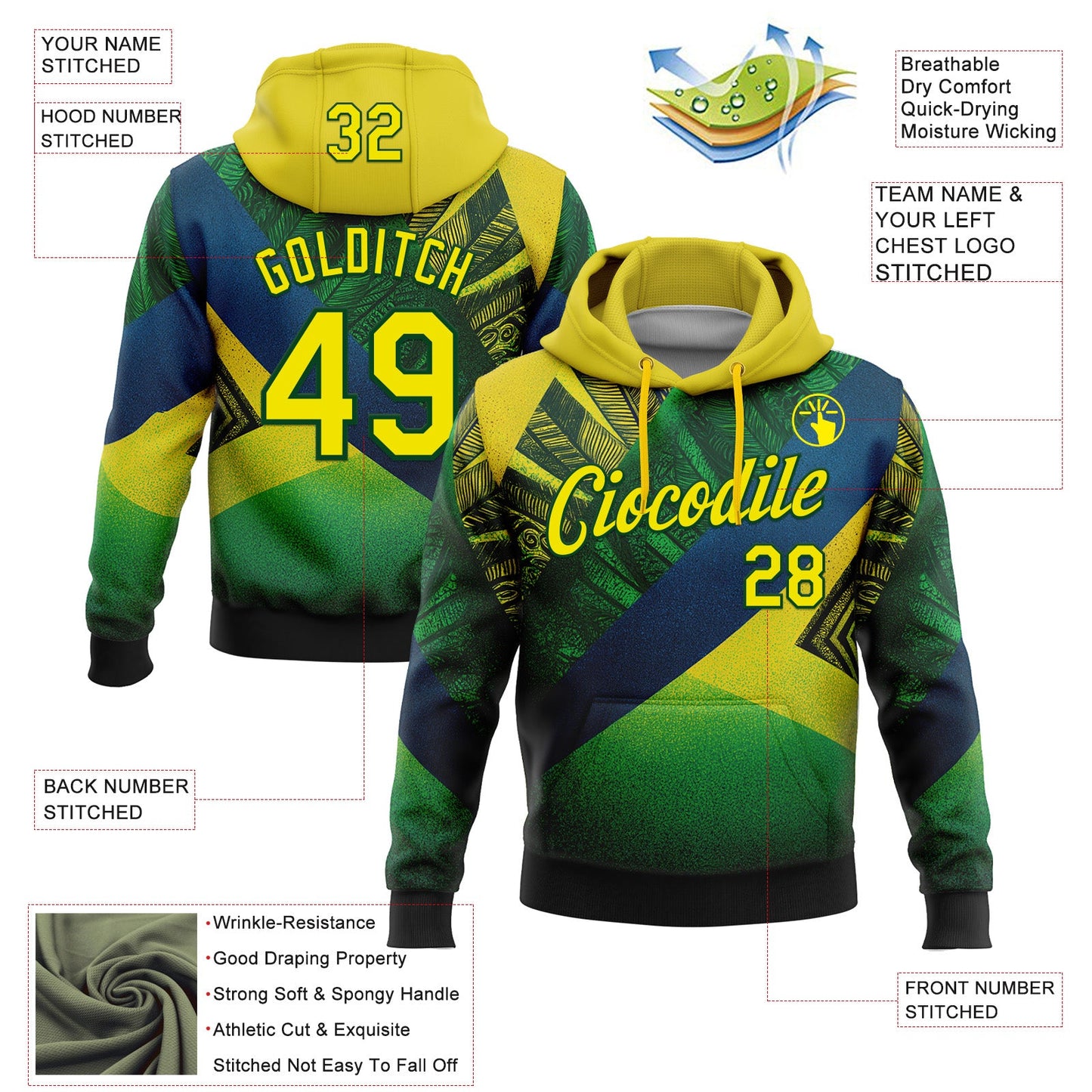 Custom Stitched Green Light Yellow-Blue 3D Pattern Design Brazil Inspired Geometric Tribal Sportswear Pullover Sweatshirt Hoodie view 2