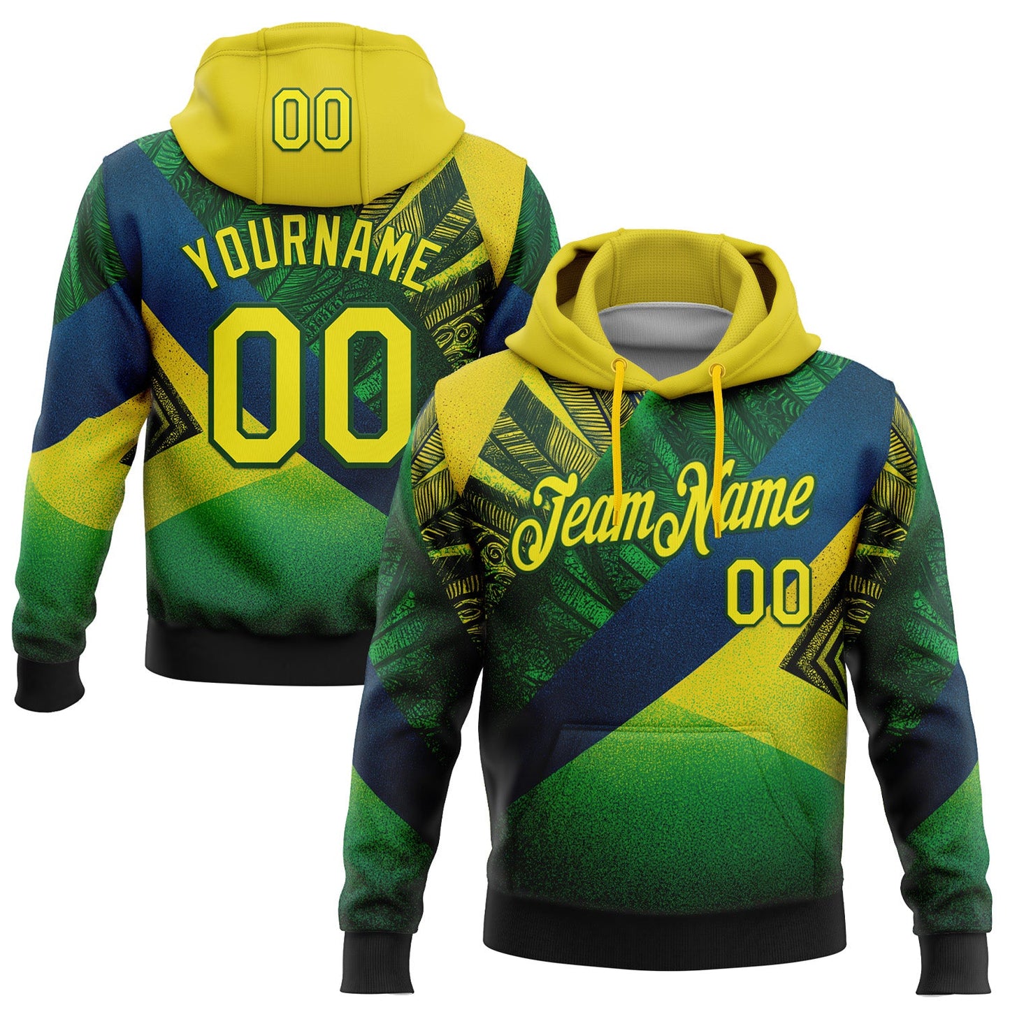 Custom Stitched Green Light Yellow-Blue 3D Pattern Design Brazil Inspired Geometric Tribal Sportswear Pullover Sweatshirt Hoodie - Main View