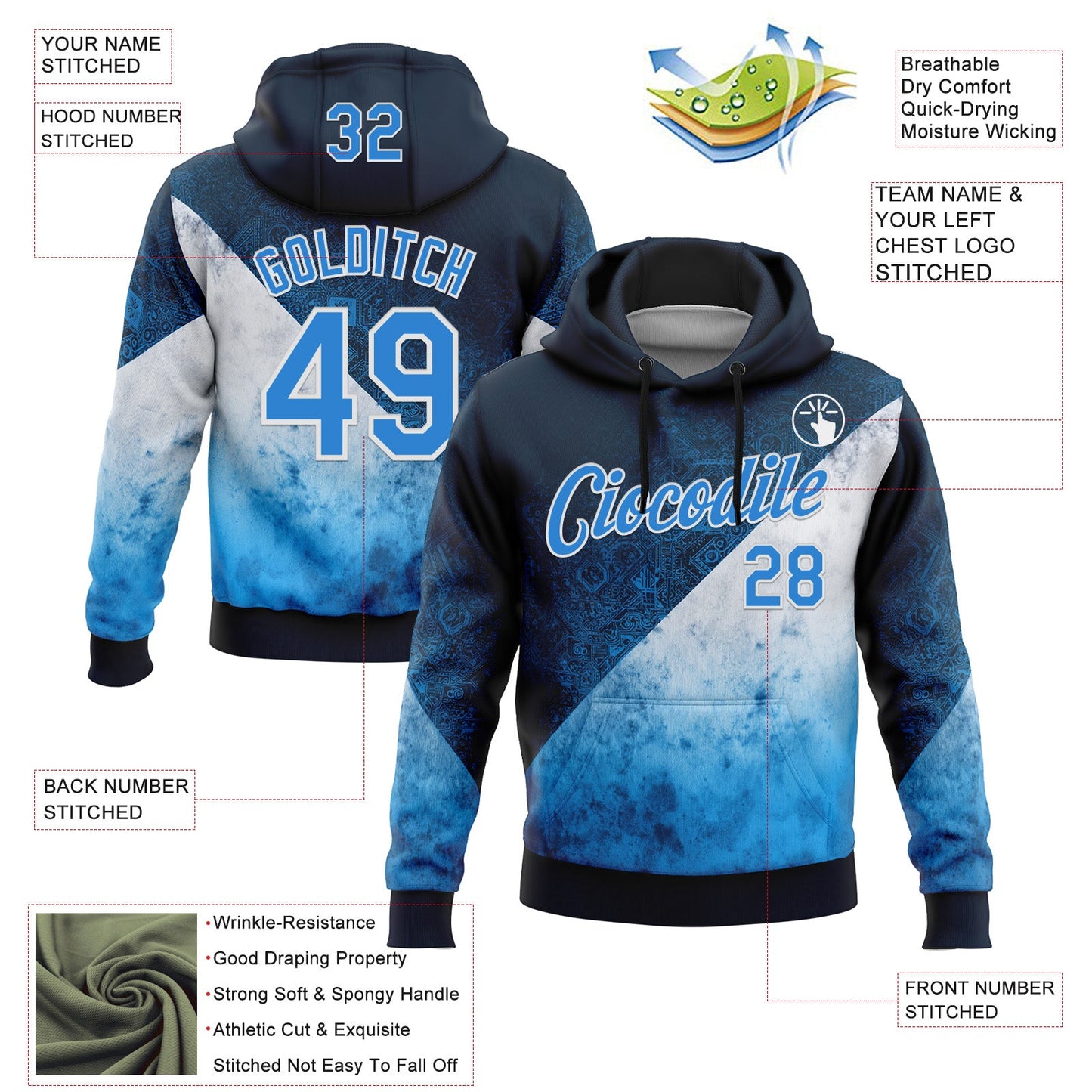 Custom Stitched Blue Powder Blue-White 3D Pattern Design Argentine Inspired Geometric Tribal Watercolor Sportswear Pullover Sweatshirt Hoodie view 2