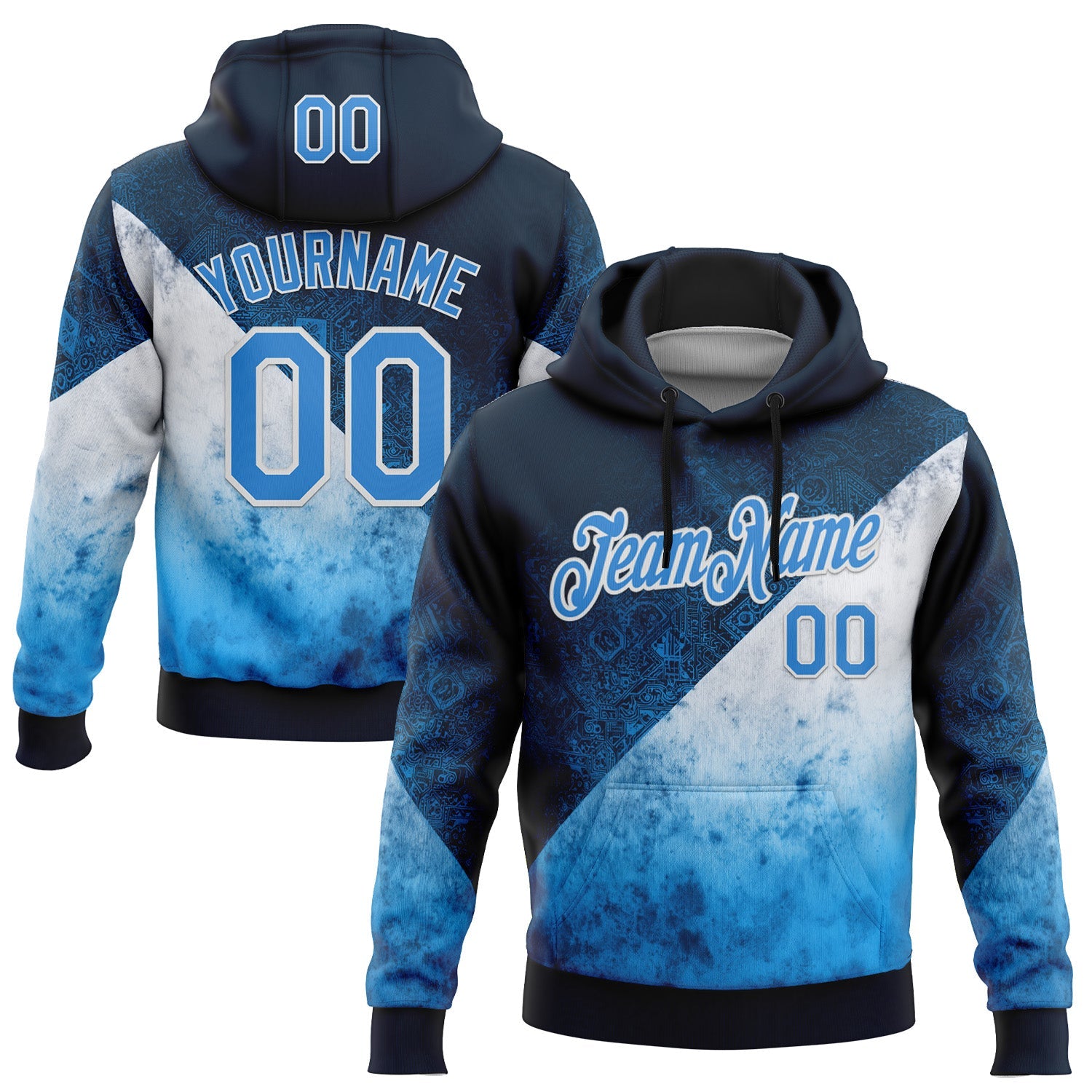 Custom Stitched Blue Powder Blue-White 3D Pattern Design Argentine Inspired Geometric Tribal Watercolor Sportswear Pullover Sweatshirt Hoodie - Main View