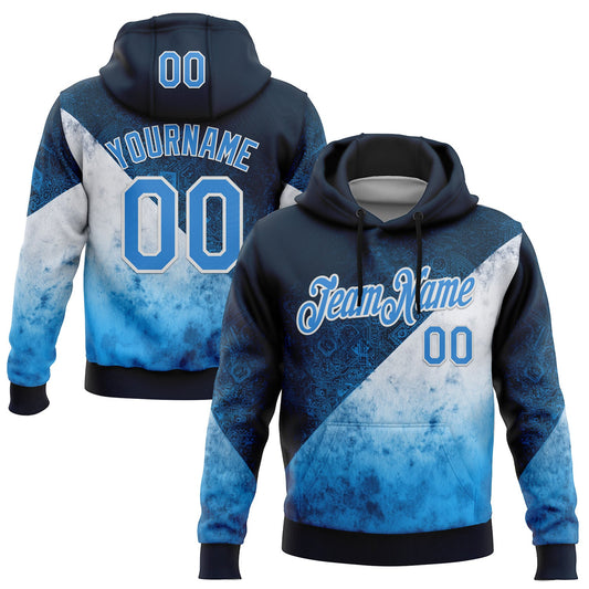 Custom Stitched Blue Powder Blue-White 3D Pattern Design Argentine Inspired Geometric Tribal Watercolor Sportswear Pullover Sweatshirt Hoodie - Main View