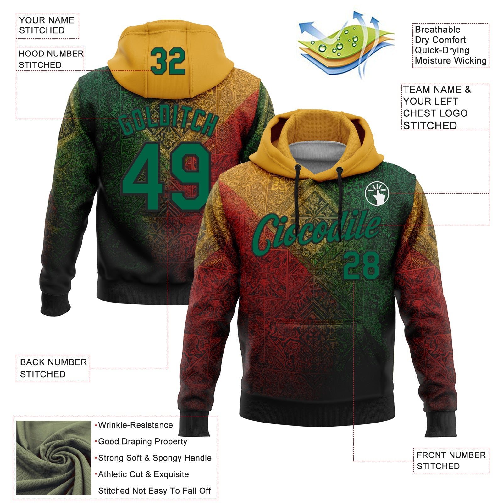 Custom Stitched Yellow Kelly Green Red-Black 3D Pattern Design Brazil Mexico Inspired Geometric Tribal Sportswear Pullover Sweatshirt Hoodie view 2