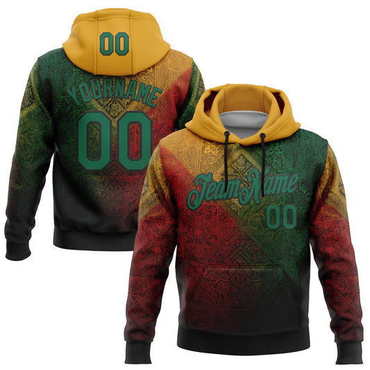 Custom Stitched Yellow Kelly Green Red-Black 3D Pattern Design Brazil Mexico Inspired Geometric Tribal Sportswear Pullover Sweatshirt Hoodie - Main View