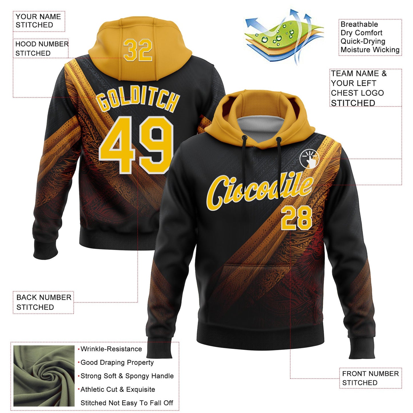 Custom Stitched Black Yellow-White 3D Pattern Design Germany Inspired Tribal Sportswear Pullover Sweatshirt Hoodie view 2