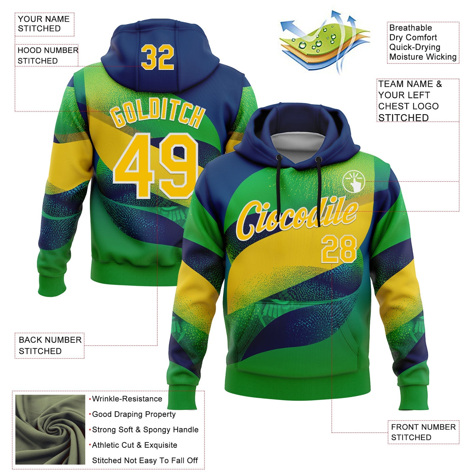 Custom Stitched Green Yellow Blue-White 3D Pattern Design Brazil Inspired Geometric Shape Sportswear Pullover Sweatshirt Hoodie view 2