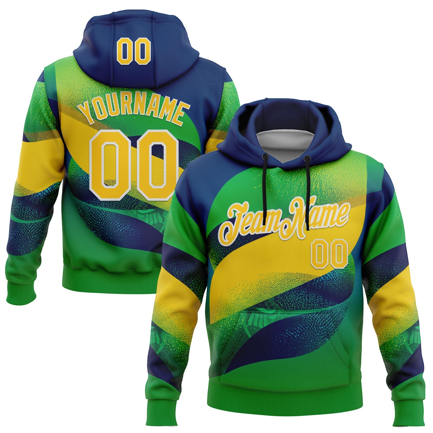 Custom Stitched Green Yellow Blue-White 3D Pattern Design Brazil Inspired Geometric Shape Sportswear Pullover Sweatshirt Hoodie - Main View