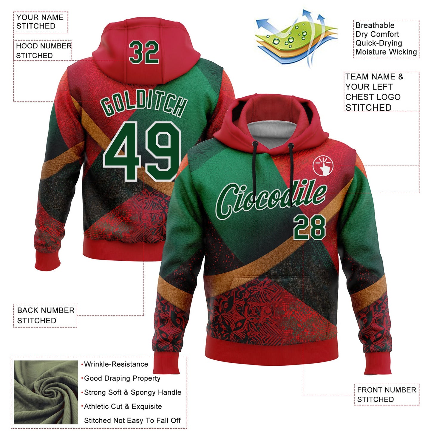 Custom Stitched Red Green-White 3D Pattern Design Mexico Geometric Tribal Sportswear Pullover Sweatshirt Hoodie view 2