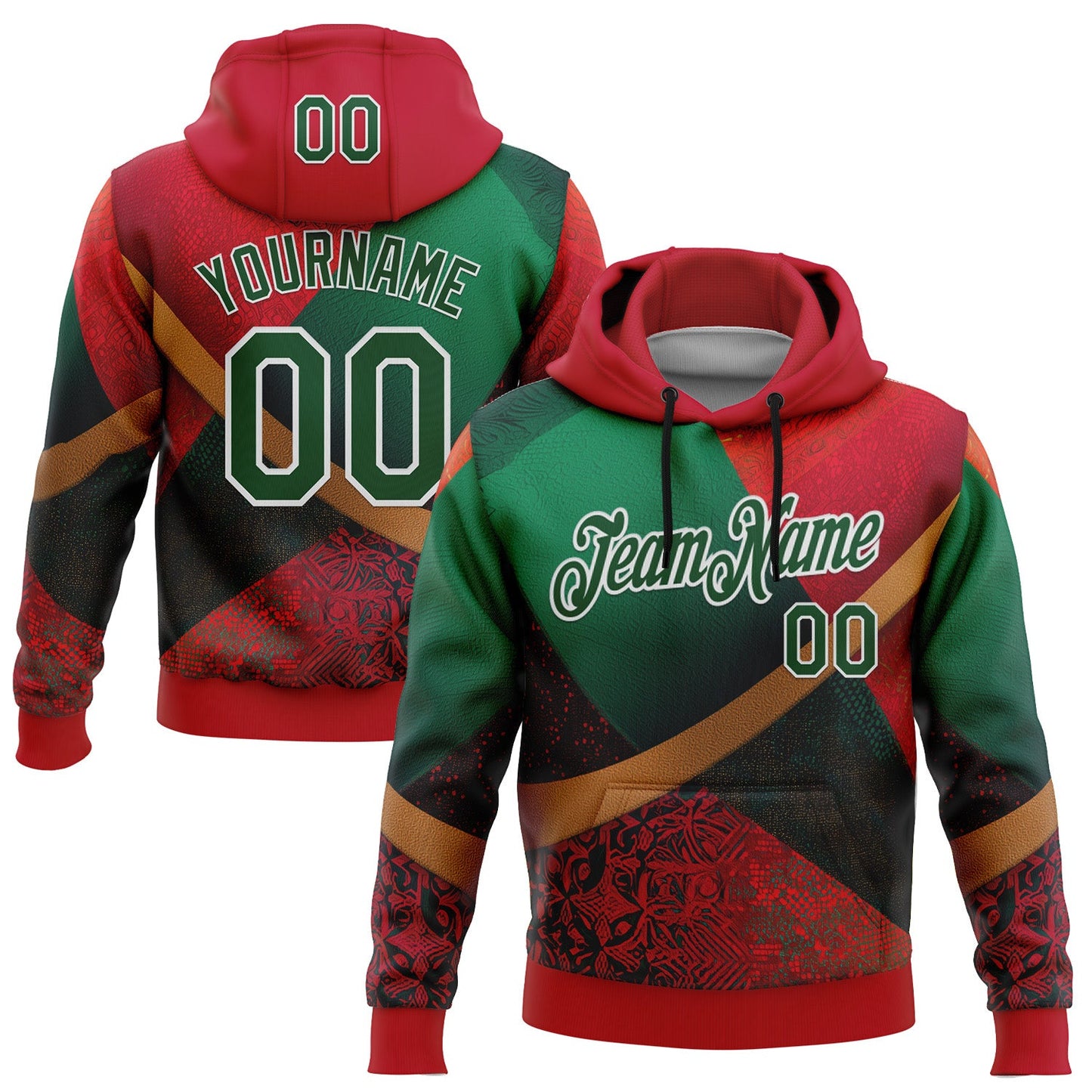 Custom Stitched Red Green-White 3D Pattern Design Mexico Geometric Tribal Sportswear Pullover Sweatshirt Hoodie - Main View