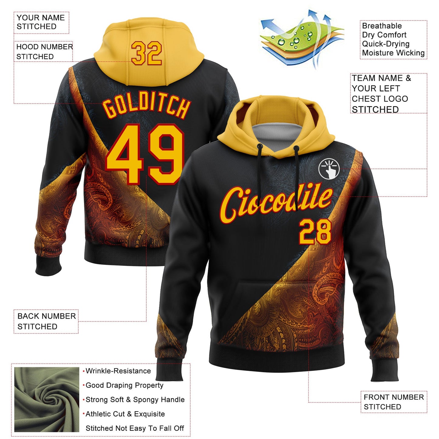 Custom Stitched Black Yellow-Red 3D Pattern Design Germany Inspired Tribal Sportswear Pullover Sweatshirt Hoodie view 2
