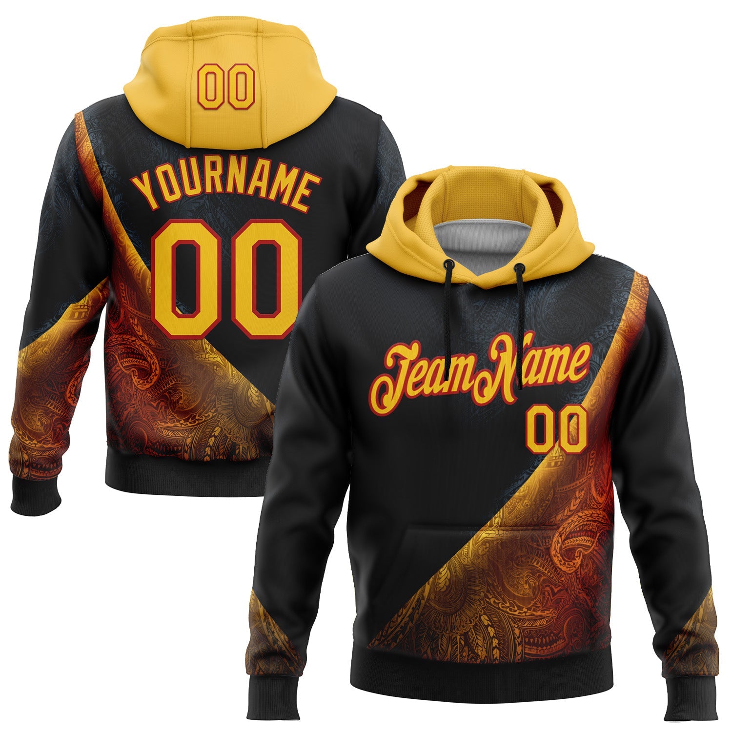 Custom Stitched Black Yellow-Red 3D Pattern Design Germany Inspired Tribal Sportswear Pullover Sweatshirt Hoodie - Main View