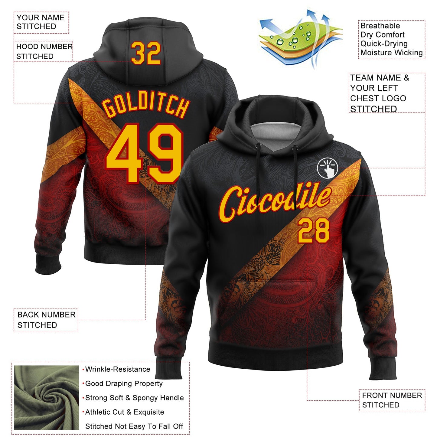 Custom Stitched Black Yellow-Red 3D Pattern Design Germany Inspired Tribal Sportswear Pullover Sweatshirt Hoodie view 2