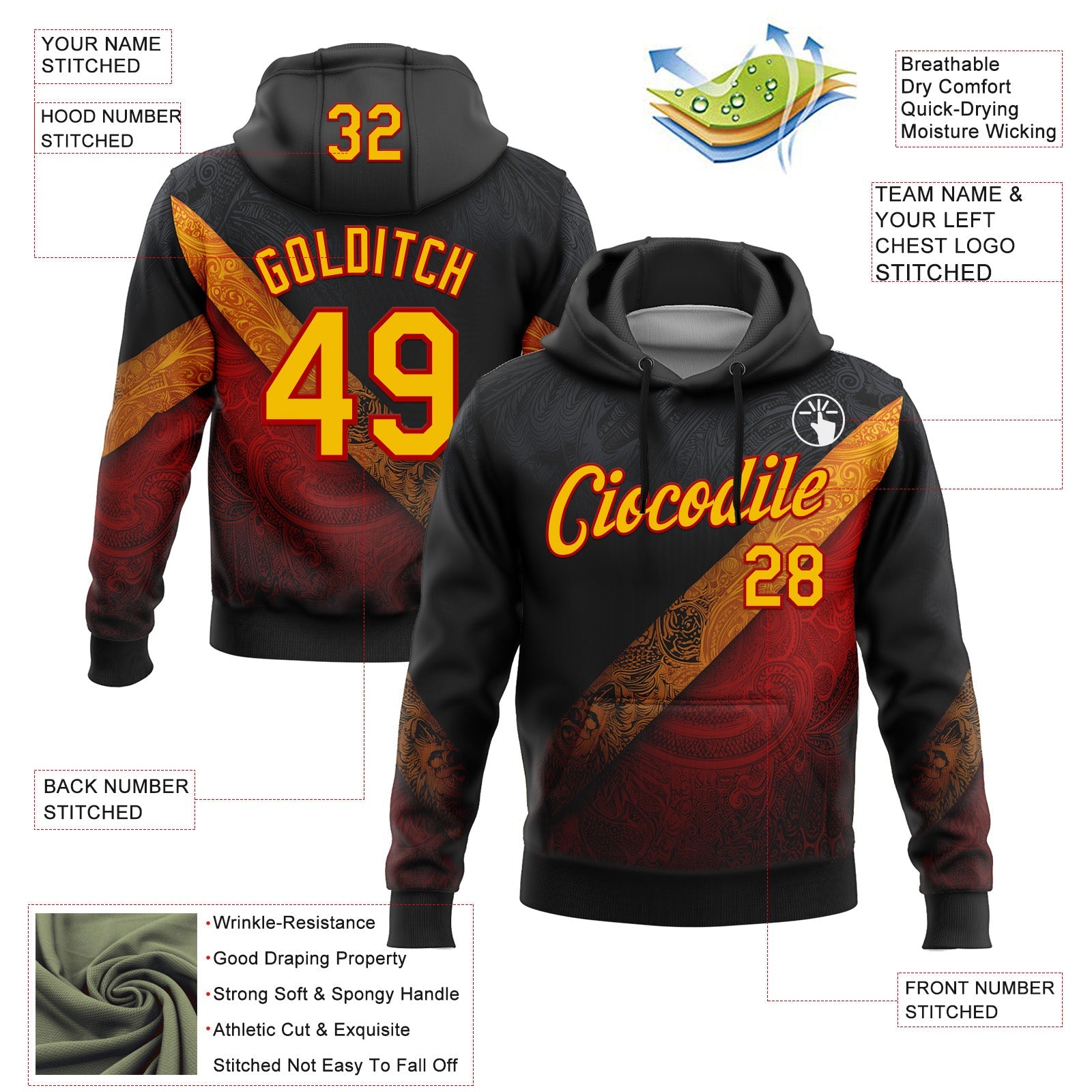 Custom Stitched Black Yellow-Red 3D Pattern Design Germany Inspired Tribal Sportswear Pullover Sweatshirt Hoodie view 2